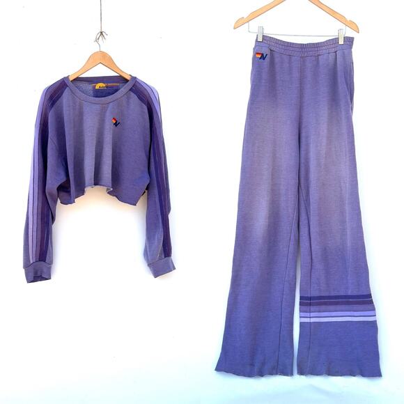 Aviator Nation Rugby Wide Leg Sweatpants Cropped Sweatshirt Large Faded Grape - Picture 5 of 16